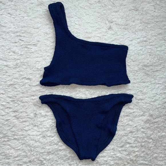 New Hunza G Nancy One-Shoulder Seersucker Bikini Set Navy Blue Rare Crinkle - Picture 2 of 6